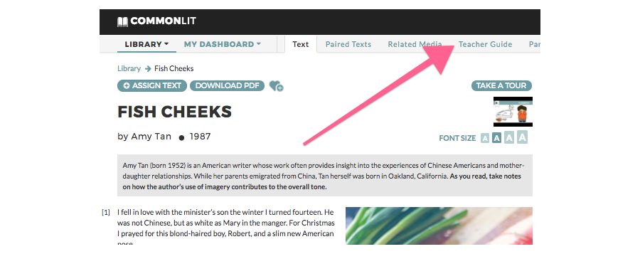 The CommonLit text "Fish Cheeks" with an arrow pointing at the "Teacher Guide" tab. 