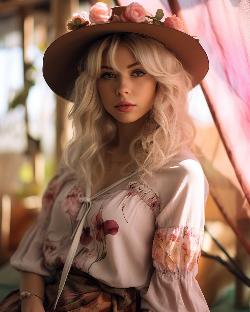 Beautiful blonde haired woman, wearing a rose decorated hat, in a flowing floral shirt, created with Midjourney AI image generated.