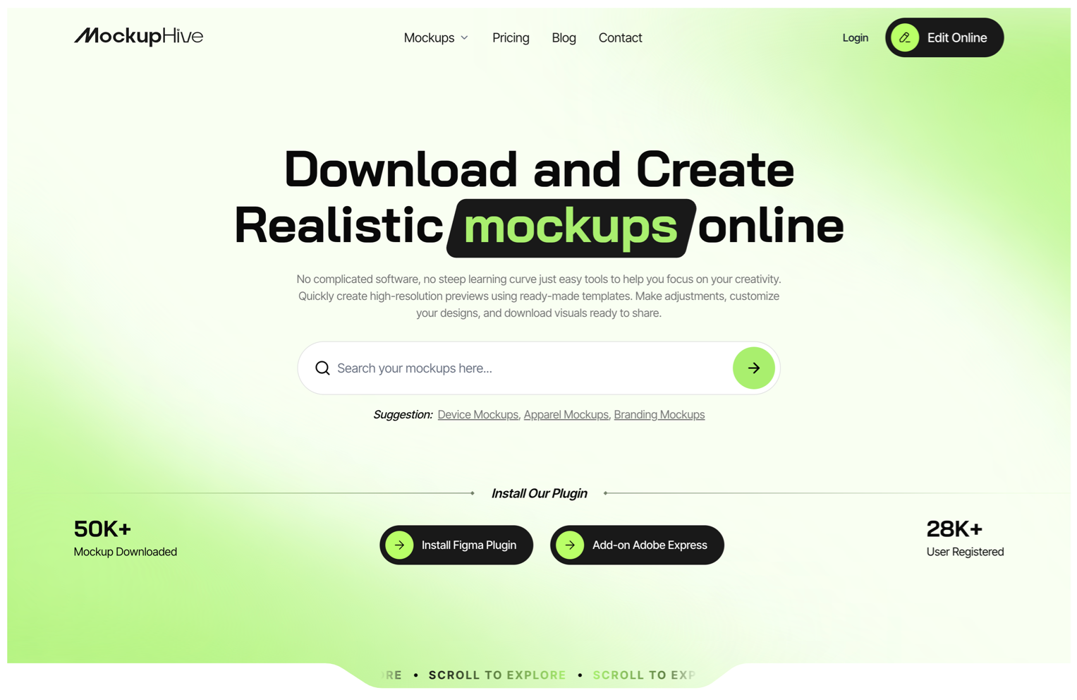MockupHive homepage featuring a clean mockup marketplace interface with neon green gradients, bold typography, searchable mockup categories, and plugin integrations for Figma and Adobe Express