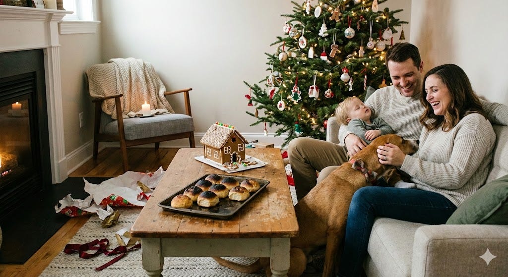 A smiling couple sits on a beige sofa with a sleepy toddler and a large brown dog wearing a plaid bowtie in a living room decorated for Christmas. In the foreground, a rustic coffee table holds a gingerbread house and a baking sheet of burnt rolls, while crumpled wrapping paper litters the floor near a lit fireplace and a decorated Christmas tree stands in the background.