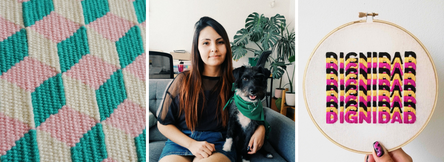 Composite of three images with a person posing with their dog in the center.