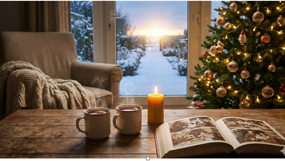 A warm, festive living room scene. In the foreground, a wooden table holds two steaming mugs, a beeswax candle, and an open album showing vintage black-and-white photos. To the left is an armchair with a chunky knit blanket, and to the right is a lit Christmas tree. Large glass doors in the center reveal a cold, snowy path outside with a glowing sun on the horizon.