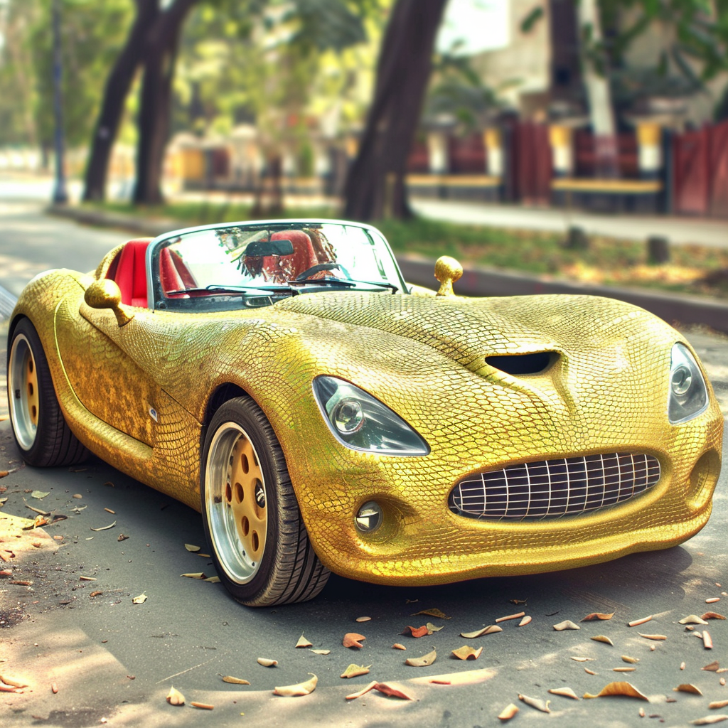 Bush viper-shaped sport car, snake scale metallic texture paint, created with Midjourney AI generated image.