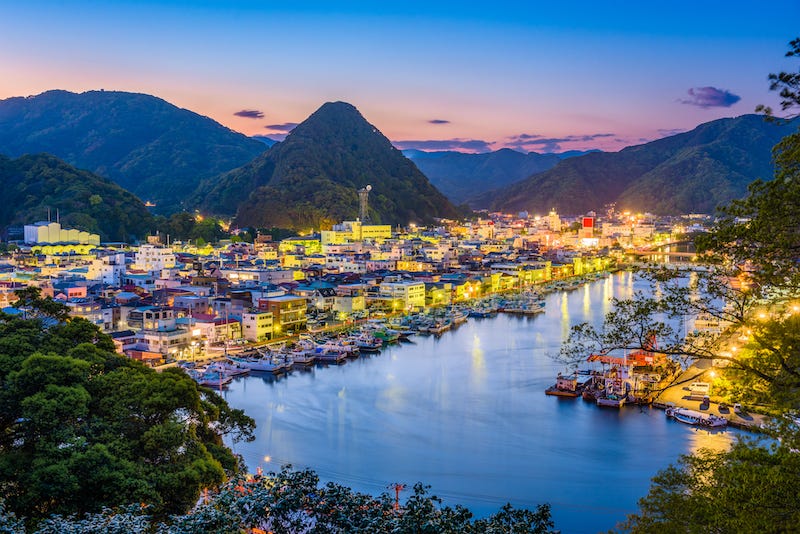 The town of Shimoda on the Izu Peninsula at dusk as seen from Shimoda Park