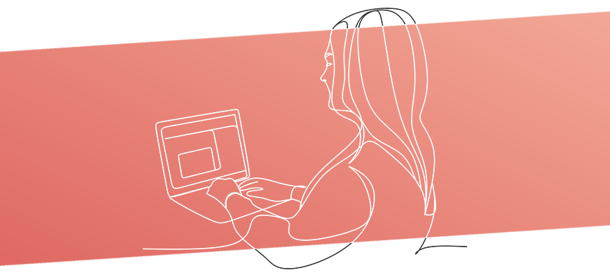 This is a modern, minimalistic line-drawn vector illustration of a lady using a laptop with a diagonal red gradient backdrop. It was designed by Dylan “Real Dyl” Roberts.