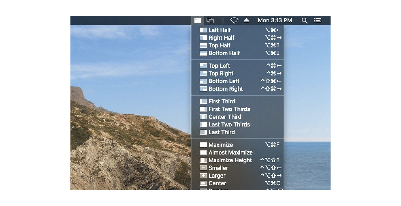 A screenshot of the window layout options in Rectangle, available in a drop down list from the Menu Bar.