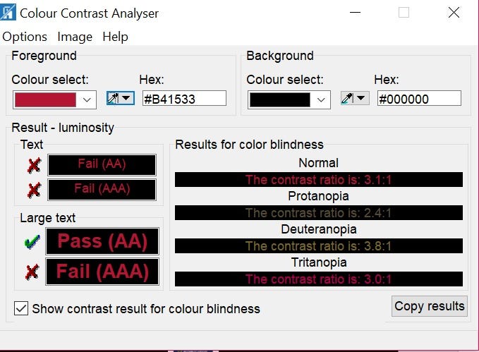 Paciello Group Colour Contrast Analyser results for the Calendar example above. For normal vision, the color choice barely passes at 3.1 (and even then only for large text) and fails across the board for the most common type of color blindness at 2.4