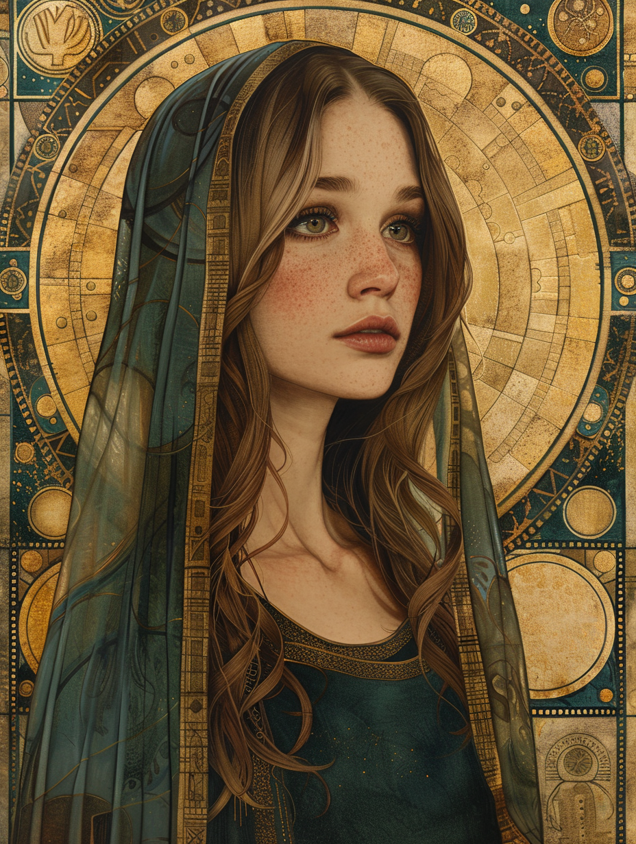 painting of an art nouveau style woman in robes, surrounded by golden circles and blue tones, sci-fi fantasy, surrounded by clockwork machinery, detailed facial features, created with Midjourney AI generated image.