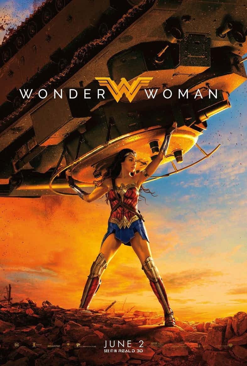 [IMAGE DESCRIPTION A Wonder Woman movie poster in which Wonder Woman is lifting a tank above her head ]