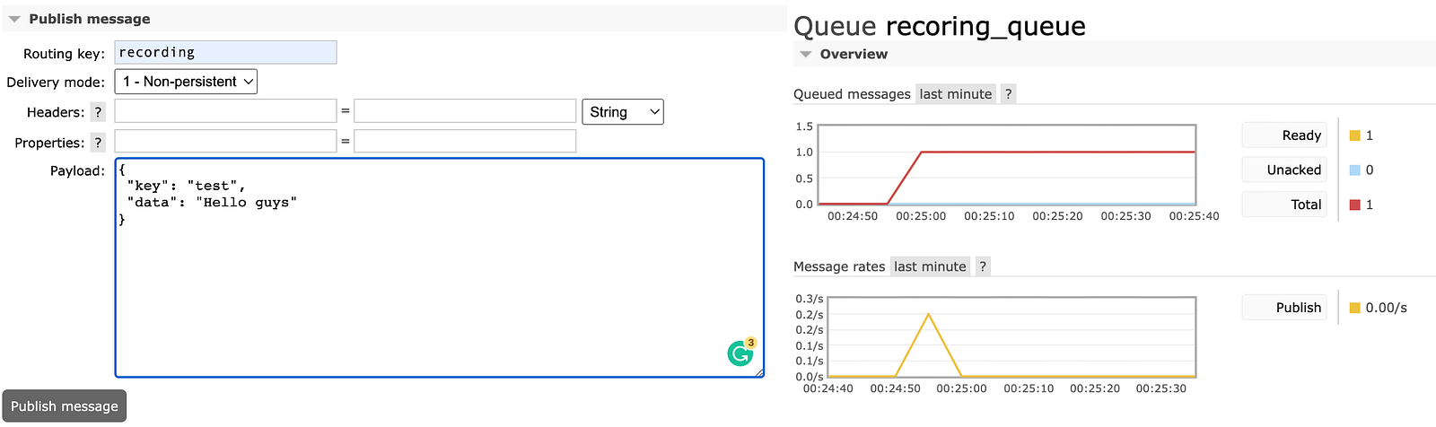 Message publish to video.direct.exchange with routing key recording