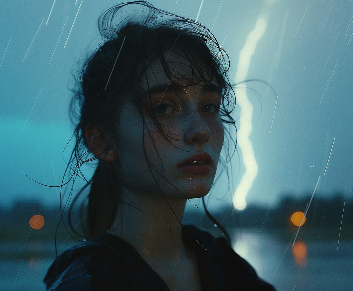 A woman stands against the background of a strong storm and bright lightning, soft light on the face, AI generated image, created with Midjourney.