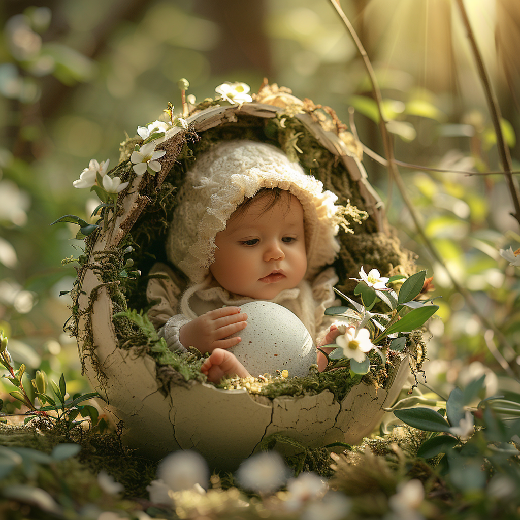 Cute baby, sitting in a large cracked white egg shell, trees around the egg are sprouting green buds, created with Midjourney AI generated image.