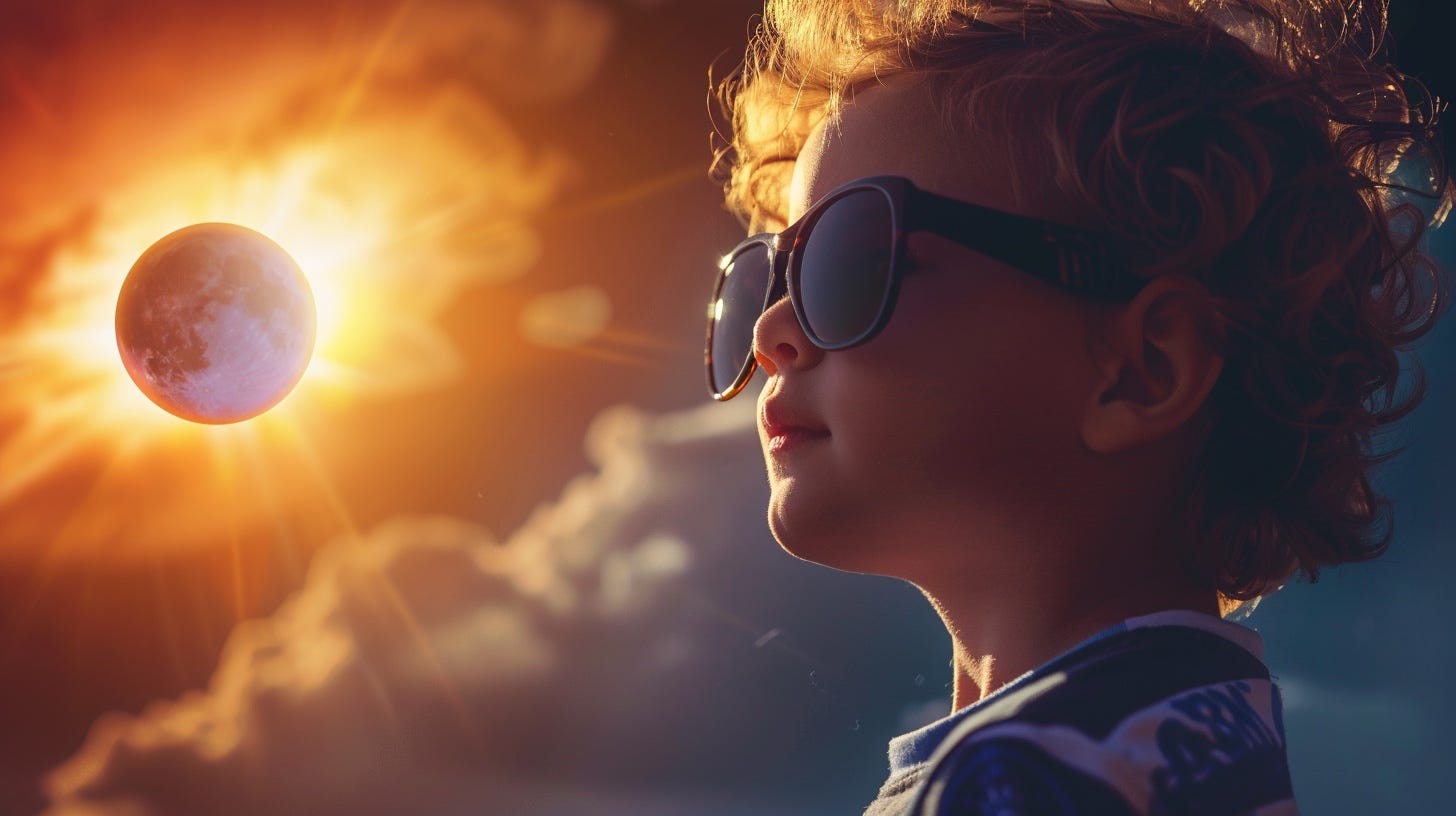 A child wearing sunglasses while the sun is eclipsed by the moon