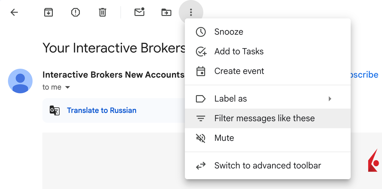 Screenshot on how to add filter from an exact email