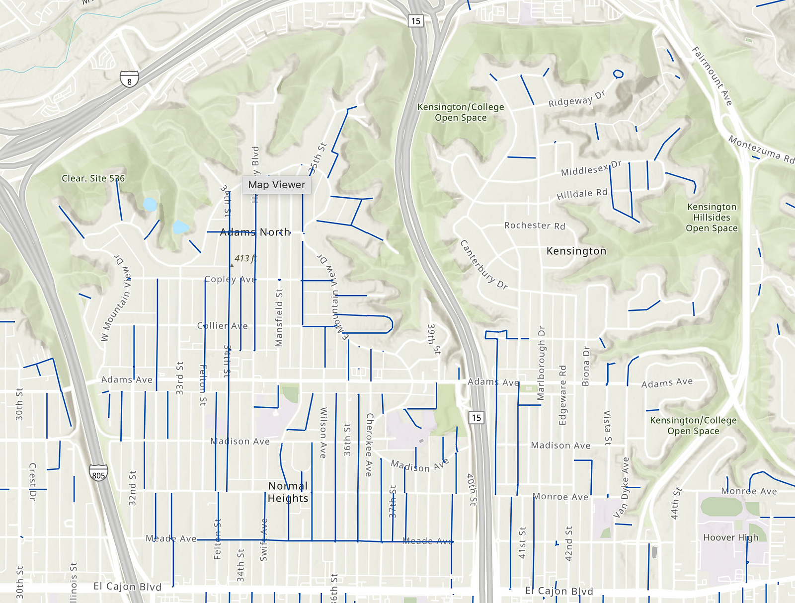 Blue lines ona street map show about half of all mains being under eight inches.