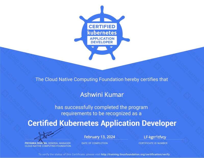 Earners of this designation demonstrated the skills, knowledge and competencies to perform the responsibilities of a Kubernetes Application Developer. Earners are able to define application resources and use core primitives to build, monitor, and troubleshoot scalable applications and tools in Kubernetes. The skills and knowledge demonstrated by earners include Core Concepts, Configuration, Multi-Container Pods, Observability, Pod Design, Services & Networking, State Persistence.