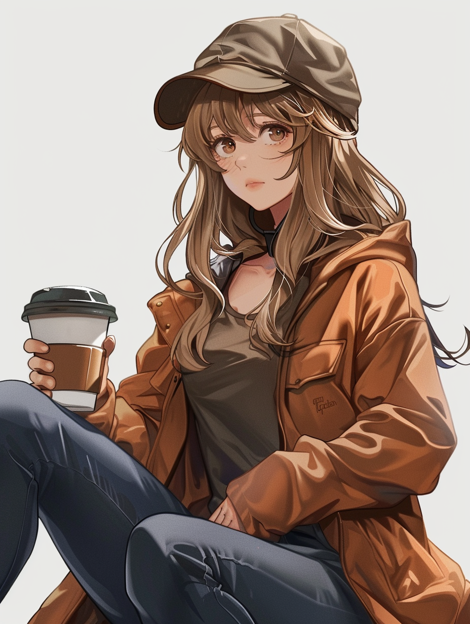 a female anime character sitting down drinking a coffee, navy and brown, charming realism, created with Midjourney AI generated image.