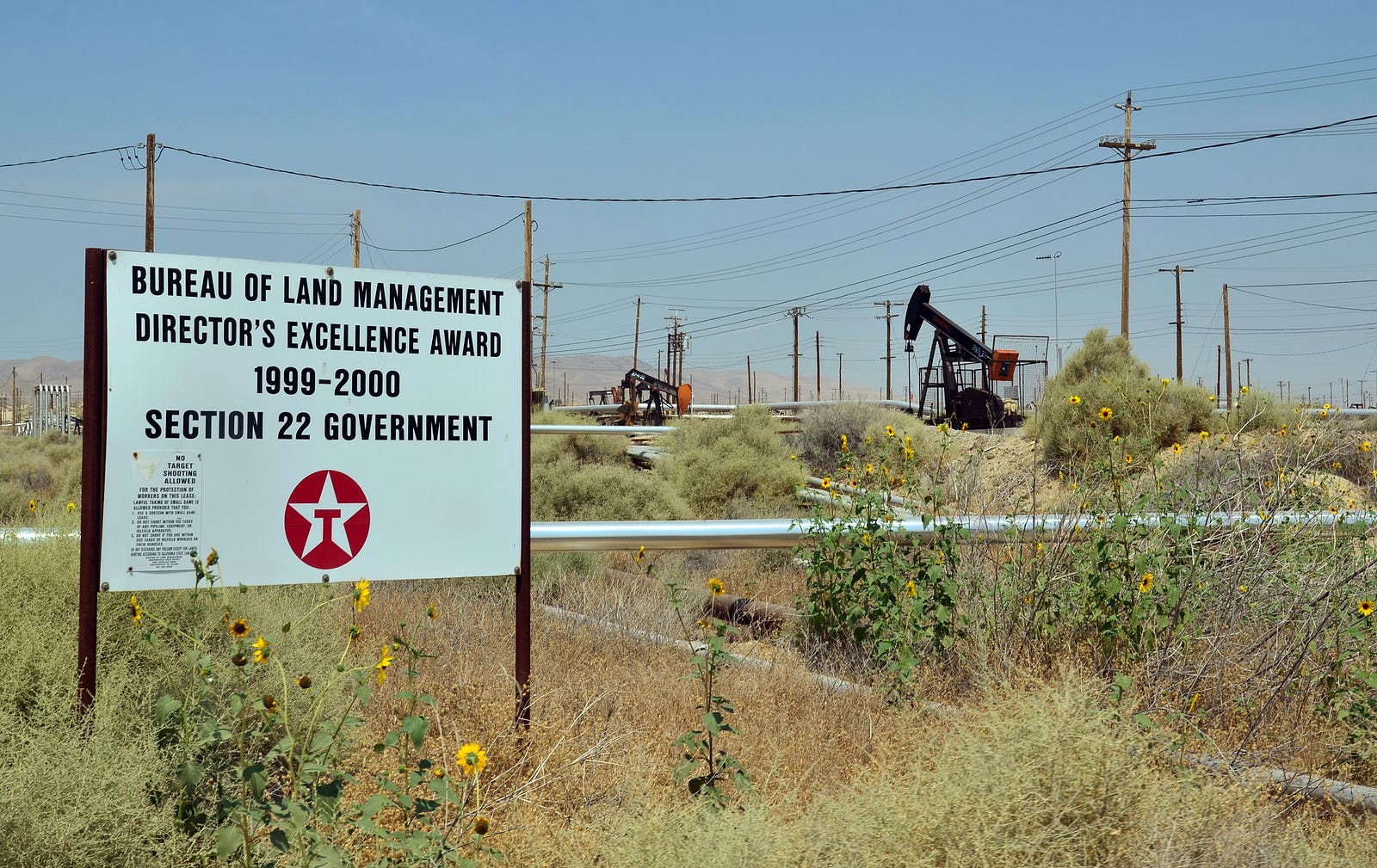 Sign in front of a pumpjack:
BUREAU OF LAND MANAGEMENT
DIRECTOR'S EXCELLENCE AWARD
1999-2000
SECTION 22 GOVERNMENT
Below is the Texaco logo.