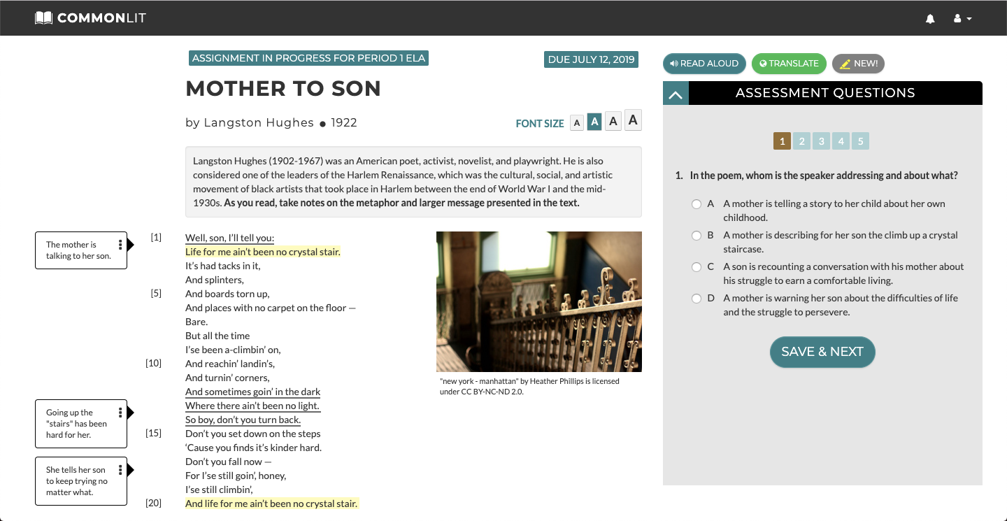 The CommonLit lesson "Mother to Son" with student annotations.