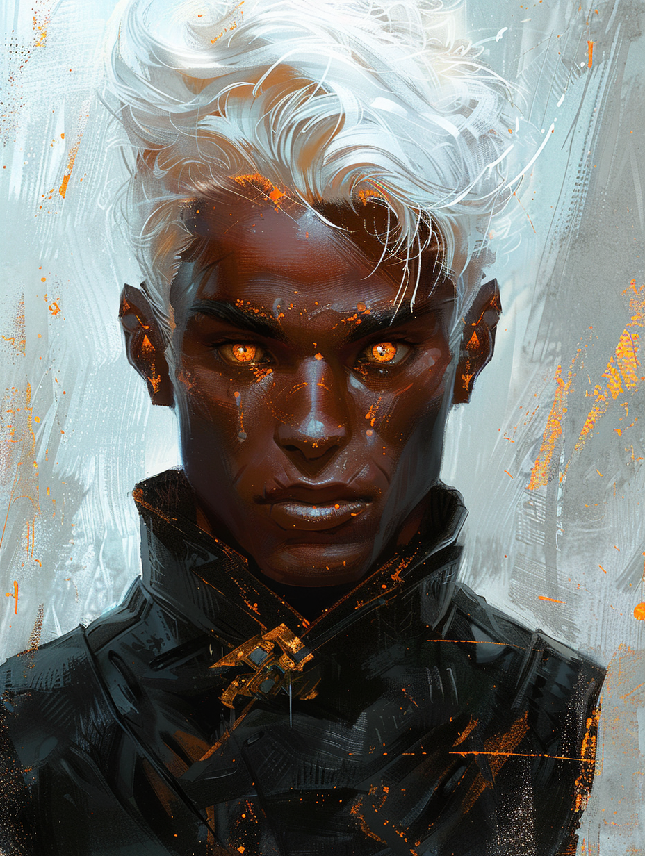 A youthful boy with white hair, he has dark skin, graphic novel character design, futuristic, created with Midjourney AI generated image.