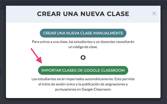 Botones para crear clases, incluyendo un botón que dice "Importar clases de Google Classroom."