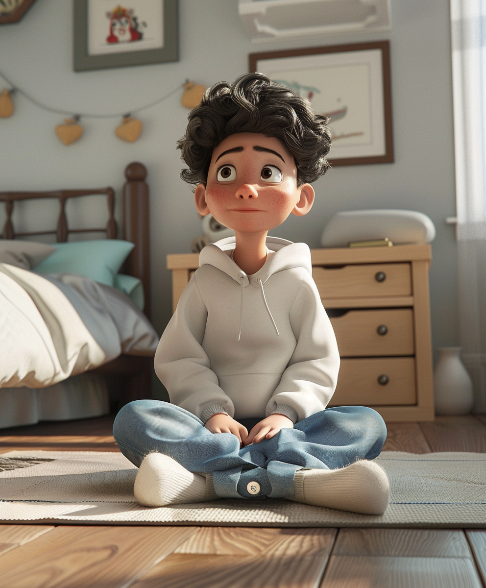 3D rendering cartoon style, a boy with eyebrow-length curls, a white sweatshirt, sky blue jeans, White socks, sitting on the floor, created with Midjourney AI generated image.