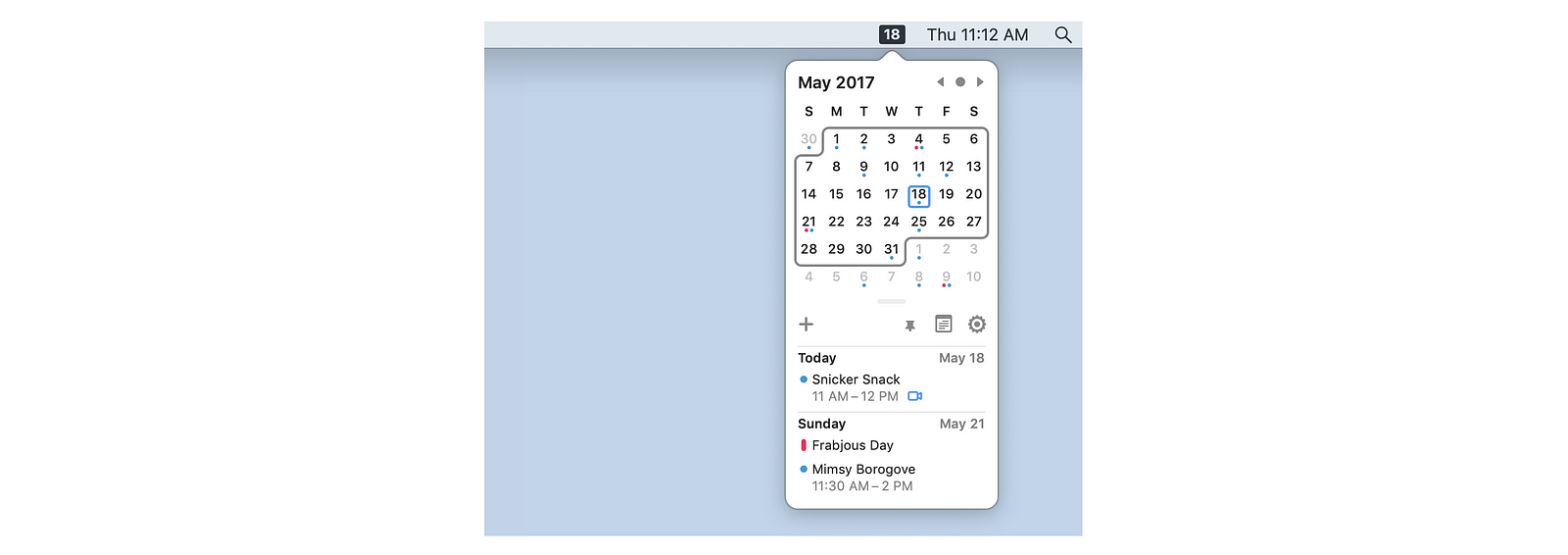 A screenshot showing the ItsyCal drop down calendar.
