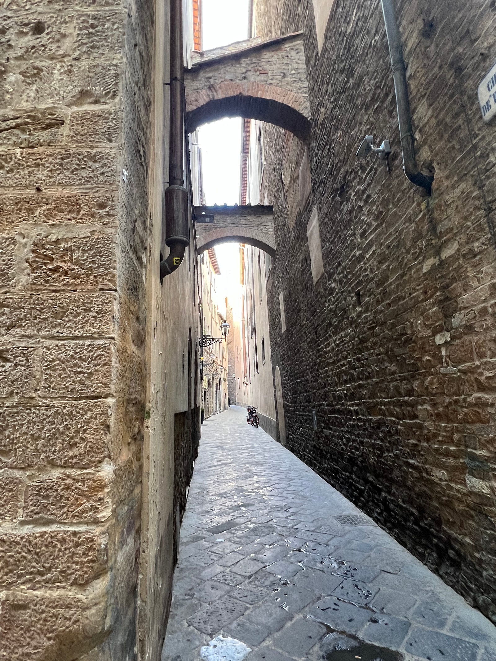 Photo of a cobbled alley near the Uffizi Gallery in Florence, Italy. The way is darkened, lit only by the reflected light of nearby stonework. Photo by Ron Steed