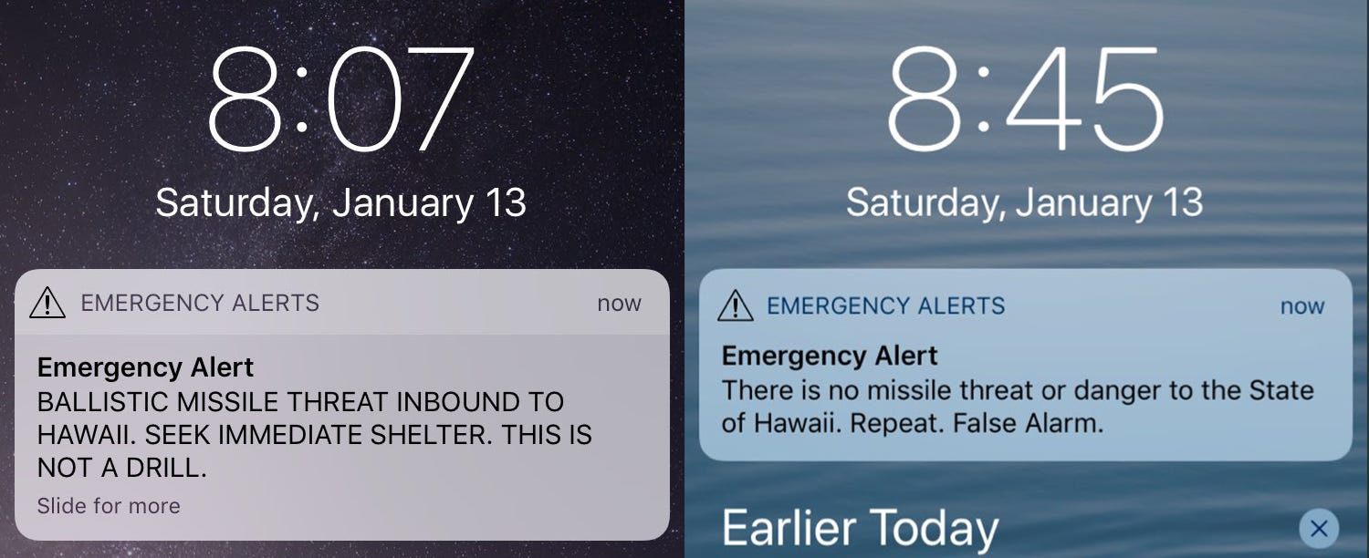 In January 2018, a false ballistic missile threat left Hawaii wondering if an attack was imminent for nearly 30 mins. Picture via Twitter.