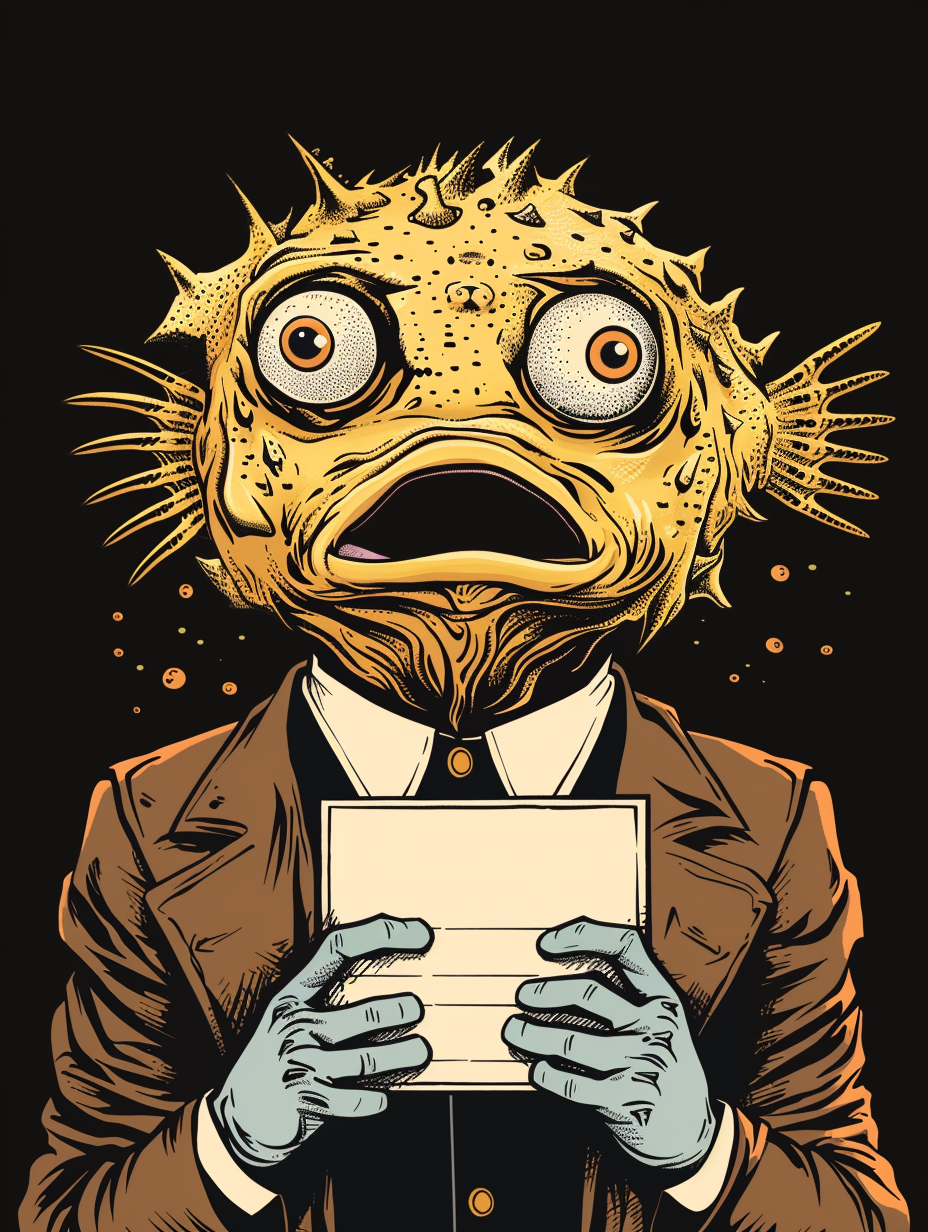 Whimsical illustration poster, manga style, man with puffer fish head, holding note in hand, surprised expression, created with Midjourney AI generated image.