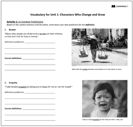 Vocabulary for Unit 1: Characters Who Change and Grow worksheet.