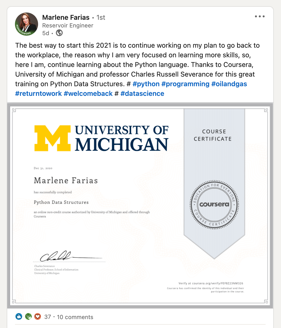Coursera Certificate of Completion for Marlene Faria in the "Python Data Structure" course
