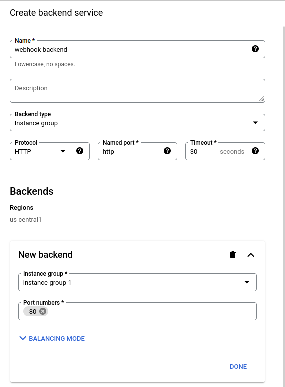 Screenshot of a creation of a new backend service while creating a new managed load balancer