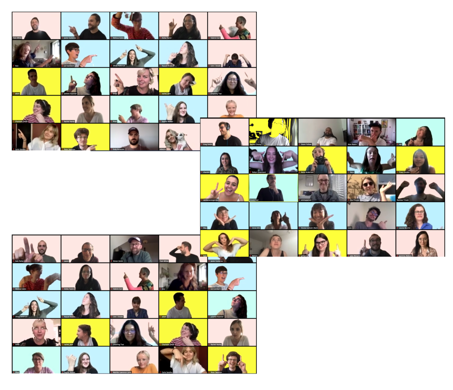 People from Snook on top of pink, yellow and light blue squares from their webcams