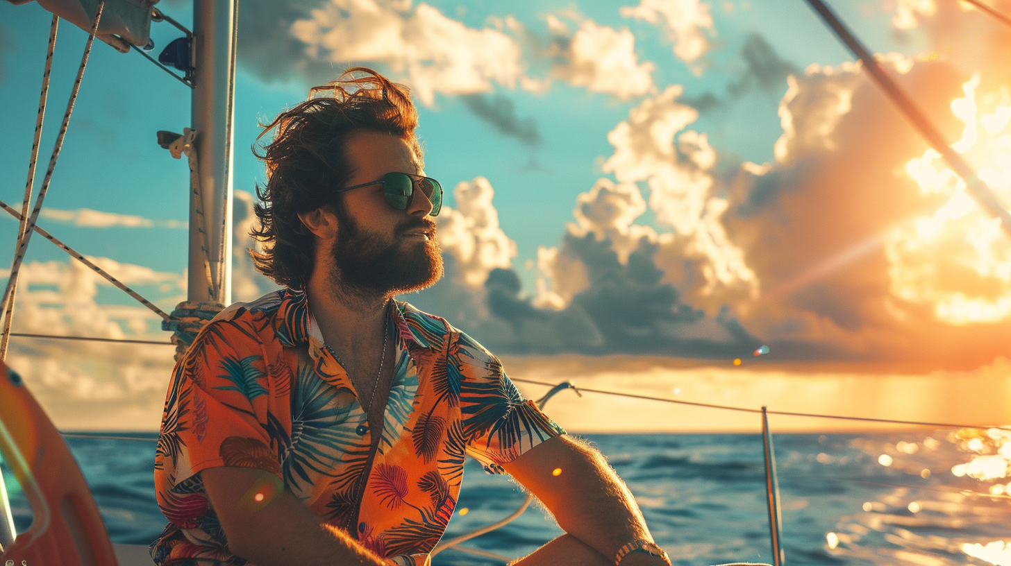 A man in a Hawaiian shirt sailing a catamaran