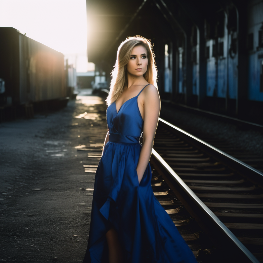 woman near train tracks at sunset, wearing a blue dress, blonde hair, created with Midjourney AI generated image.