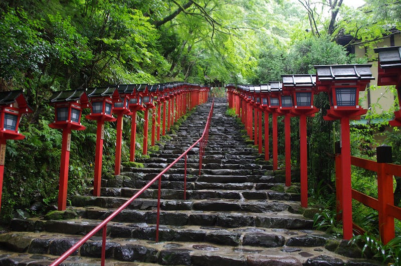 Lanterns line the stairs leading up to northern Kyoto’s Kifune Shrine