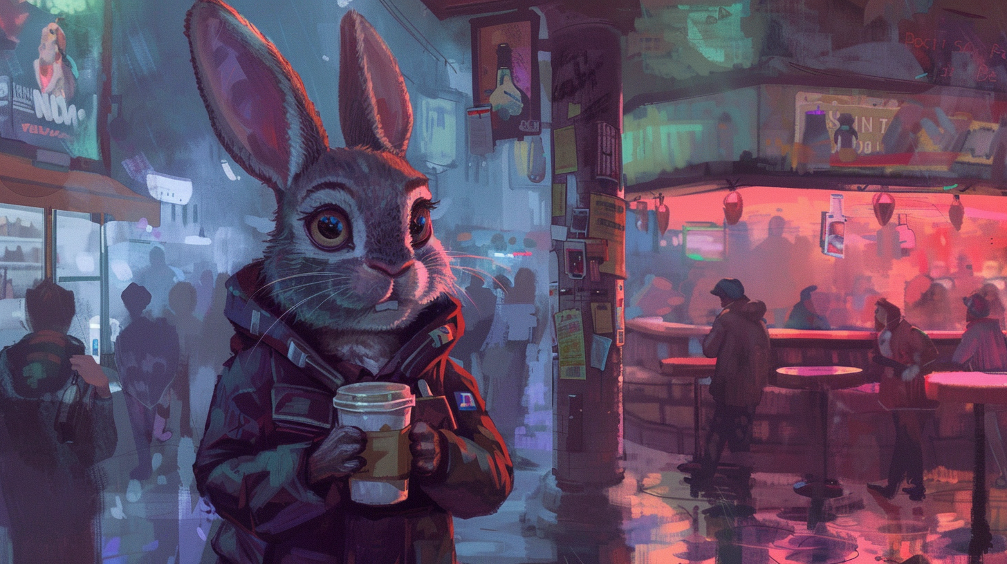 anthropomorphic rabbit character holding a coffee cup, hazy, crowded diner, at night, created with Midjourney AI generated image.