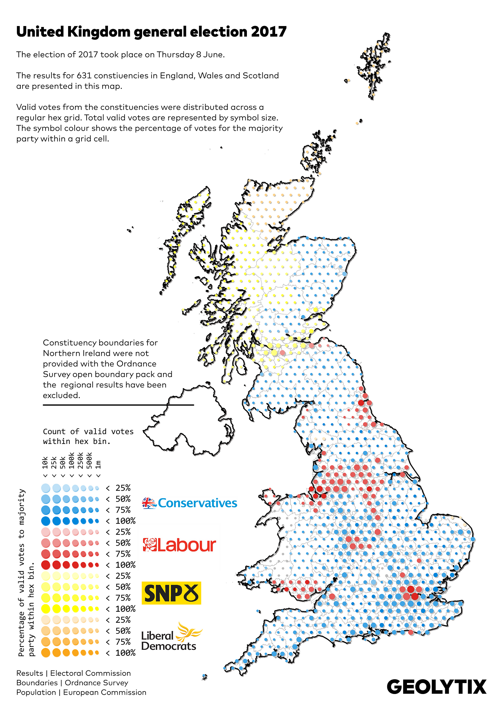 UK general election 2017 results presented as a hex bin map