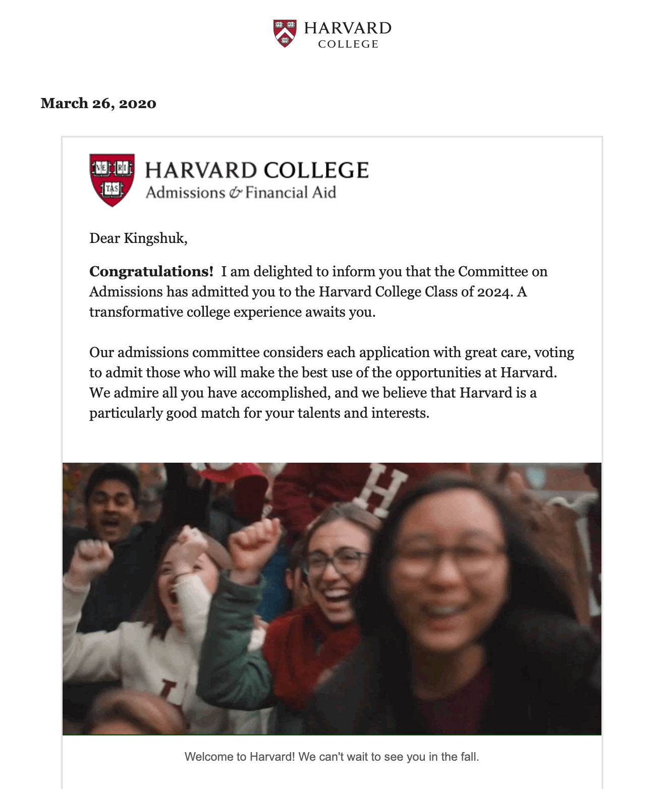 Harvard Acceptance Letter (Online)