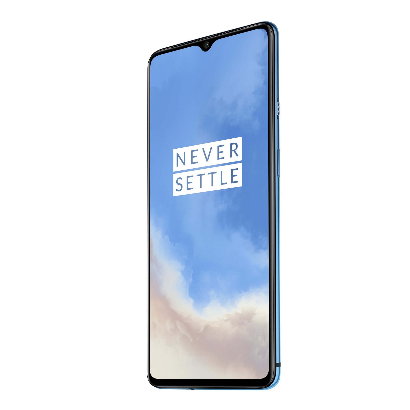 An image of a cell phone, the OnePlus 7T, with the words “Never Settle” on the screen against a cloudy background.