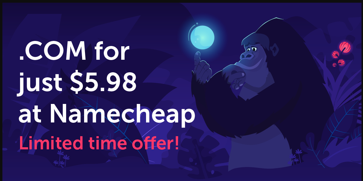 Namecheap .COM Domain Promotion with Illustration of a Gorilla