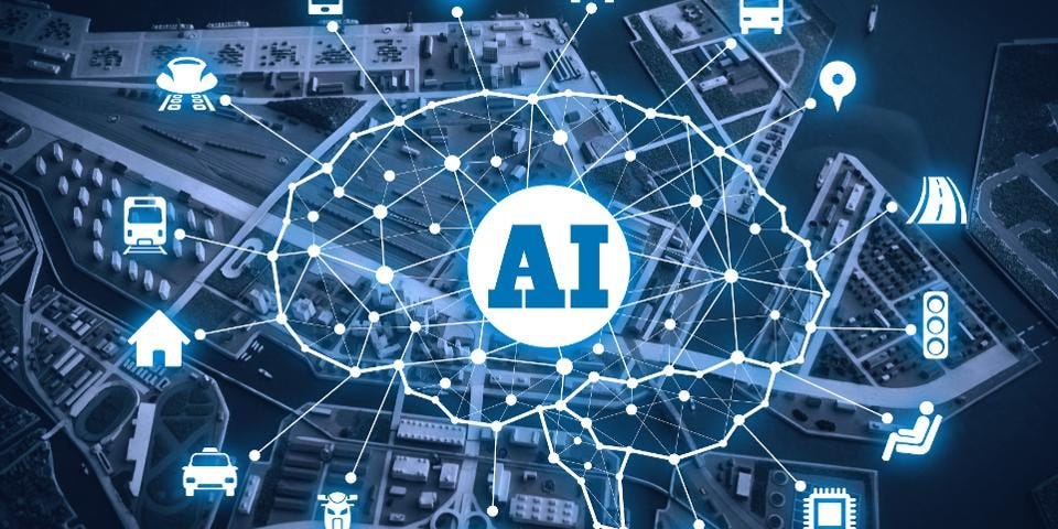 illustration of an AI brain connected to supply chain icons