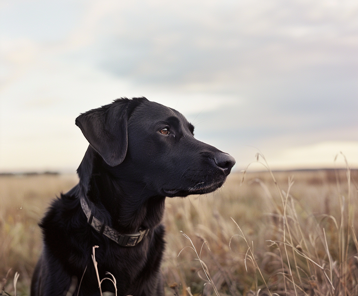 kodak portra photo, labrador in a field, early morning, AI generated image, created with Midjourney.