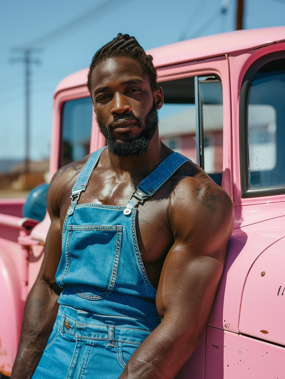 Muscled black man with a beard and clean smooth skin wearing blue overalls, leaning against a pink vintage car, vintage photo, created with Midjourney AI generated image.