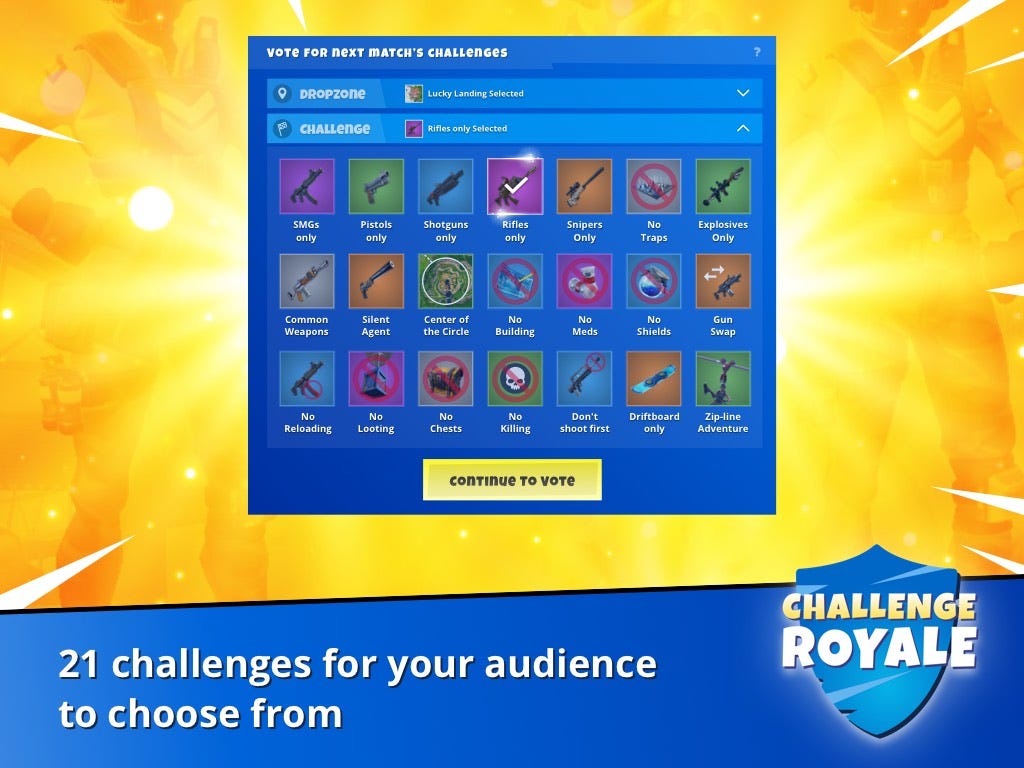 Challenge Royale Twitch Extension Is An Exciting New Way To Engage - 21 challenges to vote on there are 21 challenges to vote on e g no building don t shoot enemies first smgs only full list of challenges is below