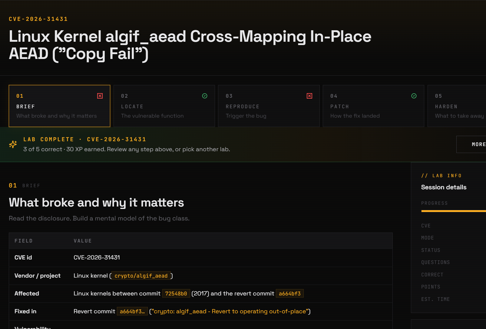 Solving “Copy Fail” CVE-2026–31431 Q/A Lab