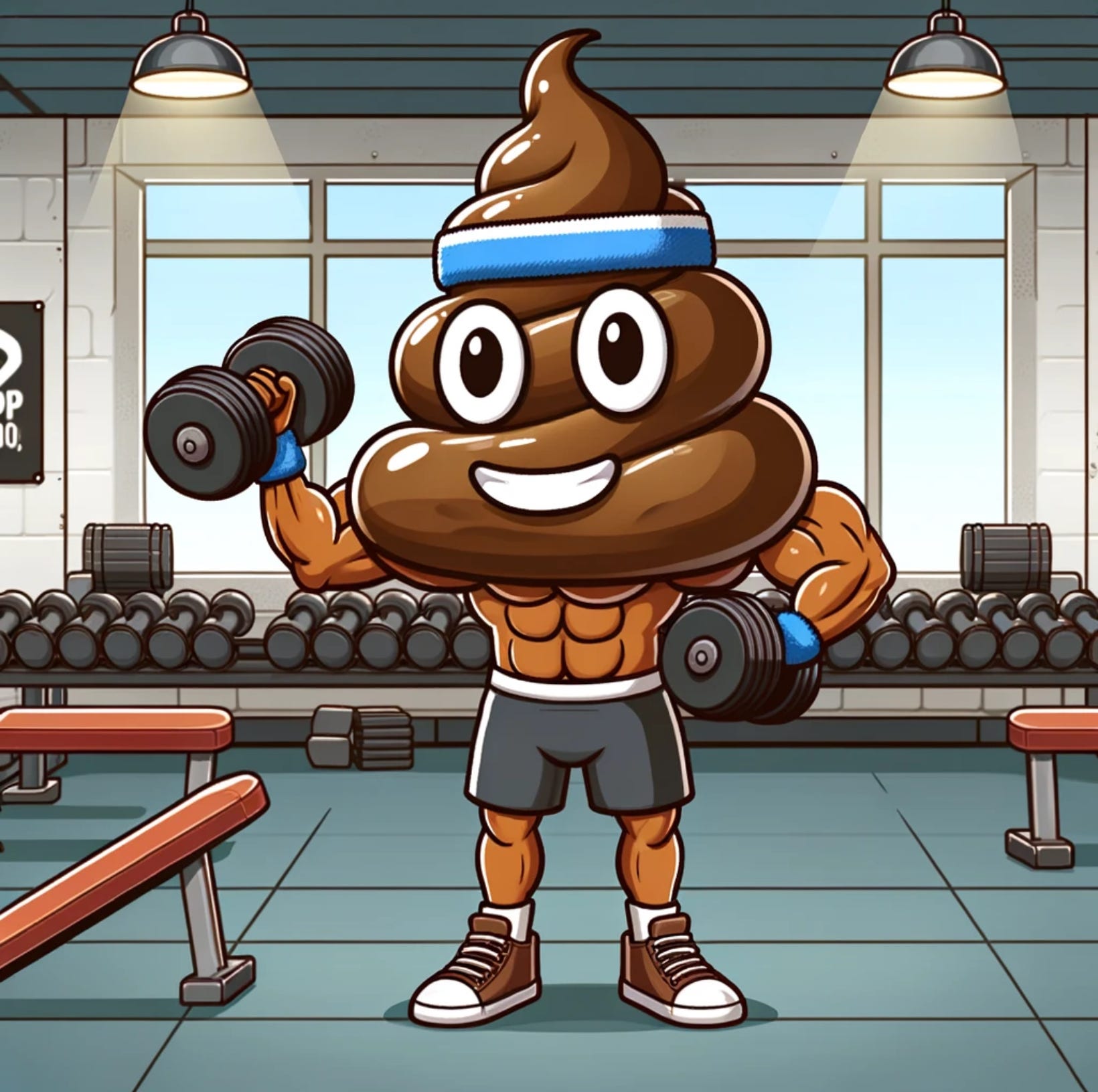 Poop #142.Meet Power Pooper, the gym’s stinkiest hero!When the golden dumbbell goes missing