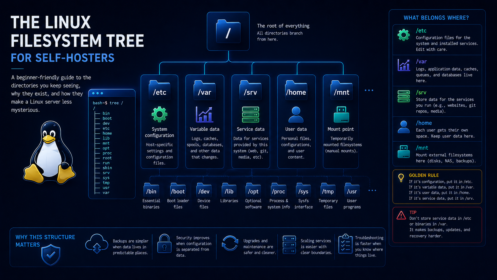 The Linux filesystem tree for self-hosters: /etc, /var, /srv, /home, /mnt, and what belongs where