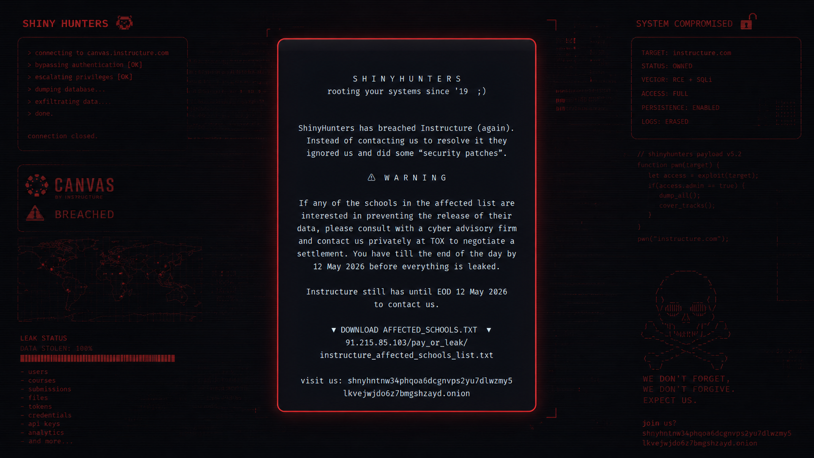 Hackeo masivo de portales Canvas impulsa nueva campaña de extorsión del grupo ShinyHunters